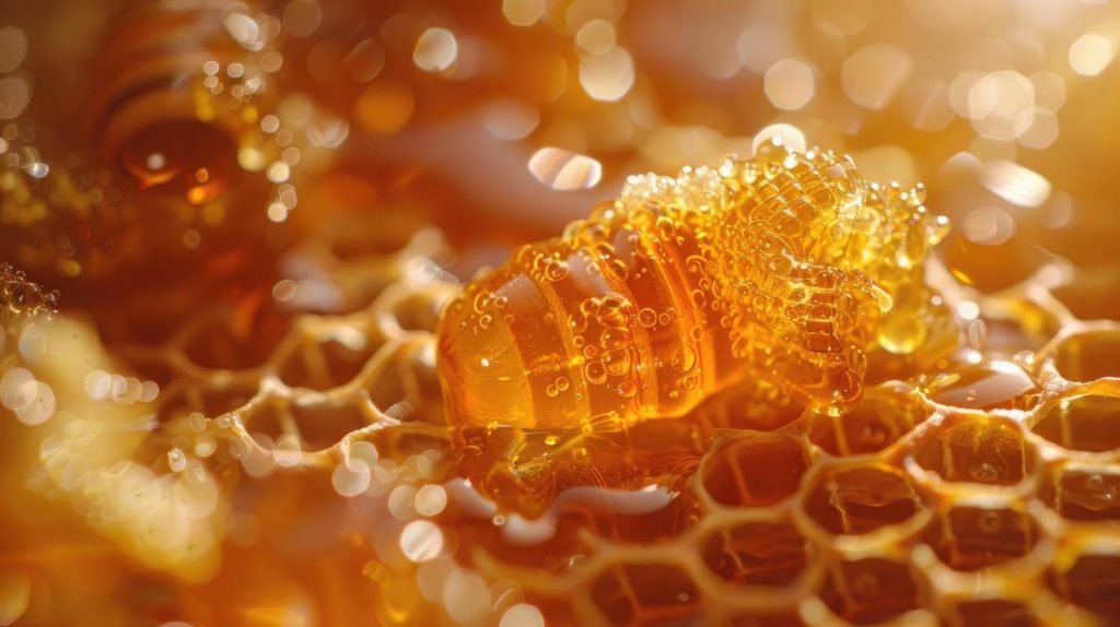Close-up of glistening honeycomb, showcasing golden honey droplets filled with bubbles, highlighting its natural beauty and texture.