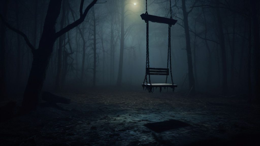 A solitary swing hangs from a tree in a foggy, dark forest, illuminated by a distant moon, creating an eerie atmosphere.
