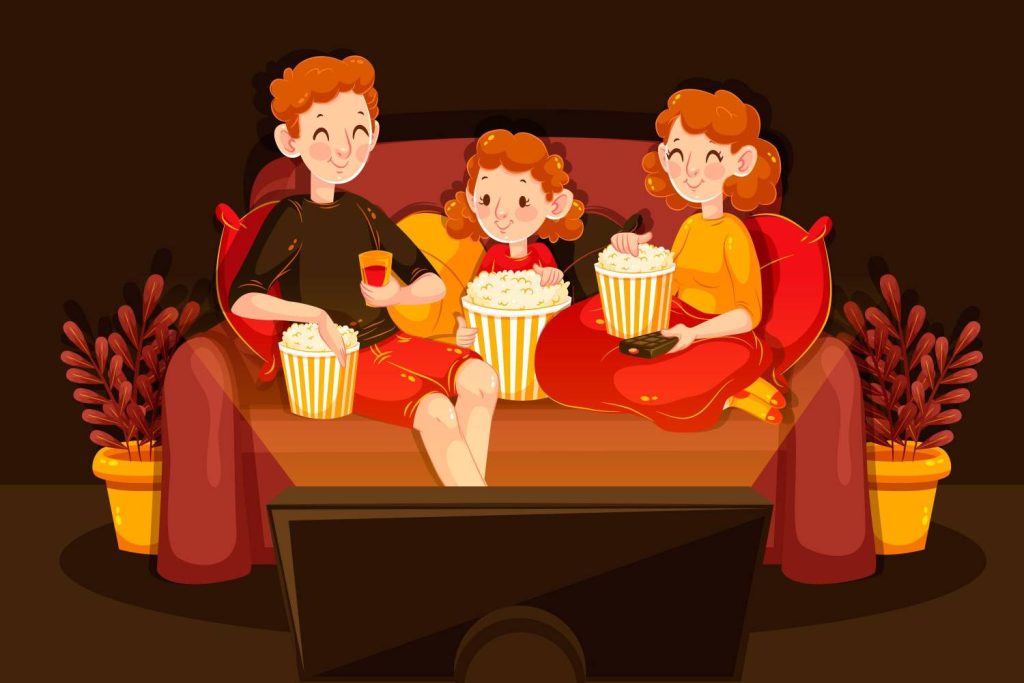 A cozy living room scene with three people enjoying popcorn and drinks while watching TV on a couch surrounded by potted plants.