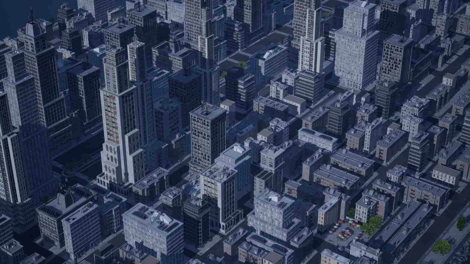 Central Insight Market Expansion: Aerial view of a dense urban cityscape with varied high-rise buildings, interspersed with small green spaces and streets.